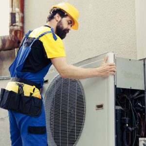 Certified technician contracted to fix broken air conditioner, dismantling condenser front coil panel to check faulty internal components. Electrician opening hvac system to check for improper wiring